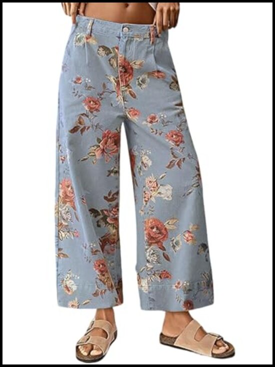 Denim - Mid Rise Cropped Wide Leg Floral Jeans Denim Palazzo Pants
